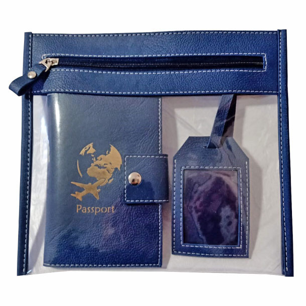 kit porta passaporte e tag de mala personalizados cor azul escuro