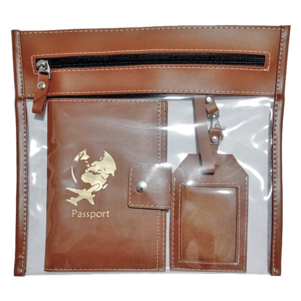 kit porta passaporte personalizado e tag para mala cor caramelo