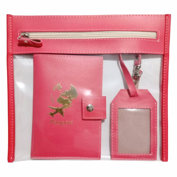 kit porta passaporte e tag para mala em nécessaire porta-documentos personalizada cor coral