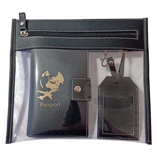 kit porta passaporte + tag de mala personalizada cor preta