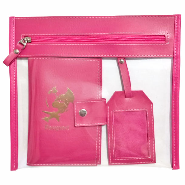kit viagem porta passaporte e tag para mala em nécessaire porta-documentos personalizada cor pink